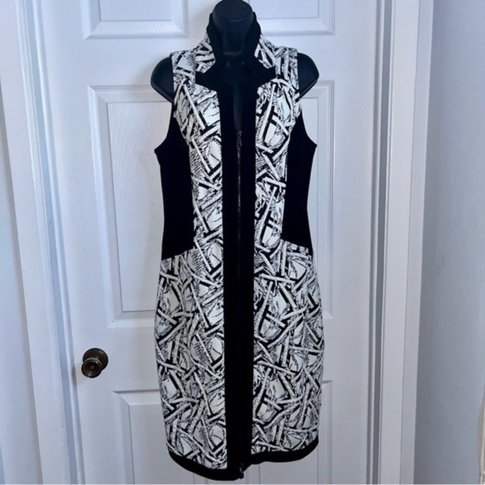 Joseph Ribkoff Dress cocktail white black zipper v-neck geometric Women 14 Large